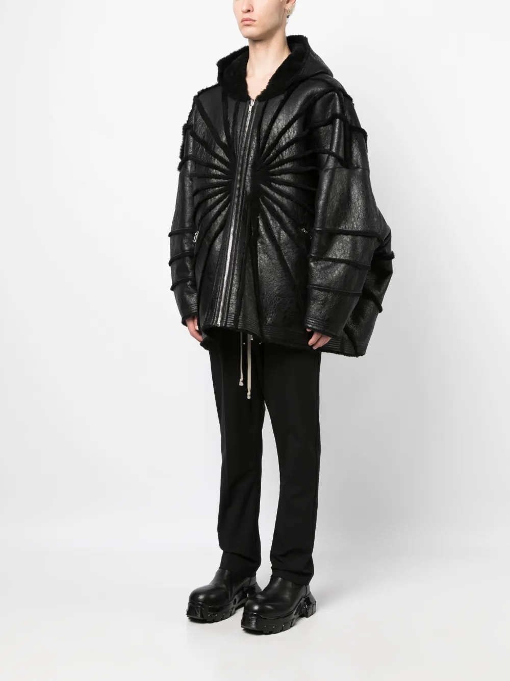 Shop Rick Owens Jumbo Shearling-trim Hooded Jacket In Schwarz