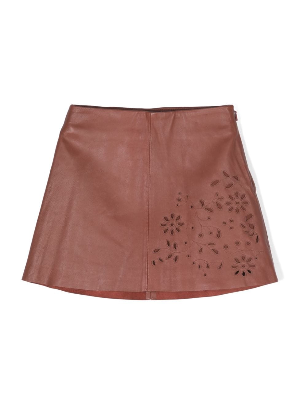 Shop Chloé Embroidered Leather Miniskirt In Brown