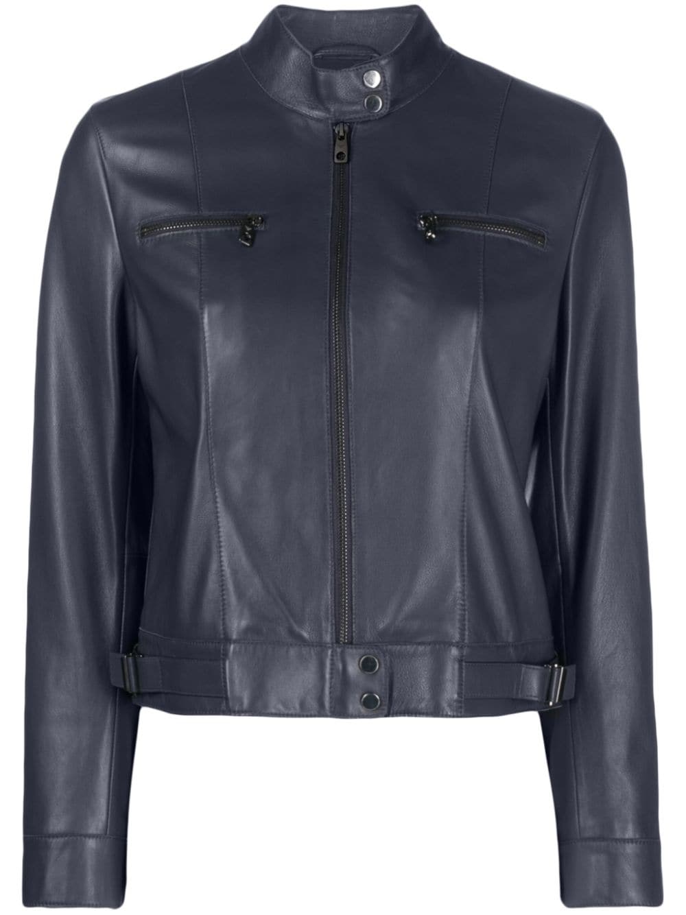 Emporio Armani Band-collar Leather Jacket In Blue