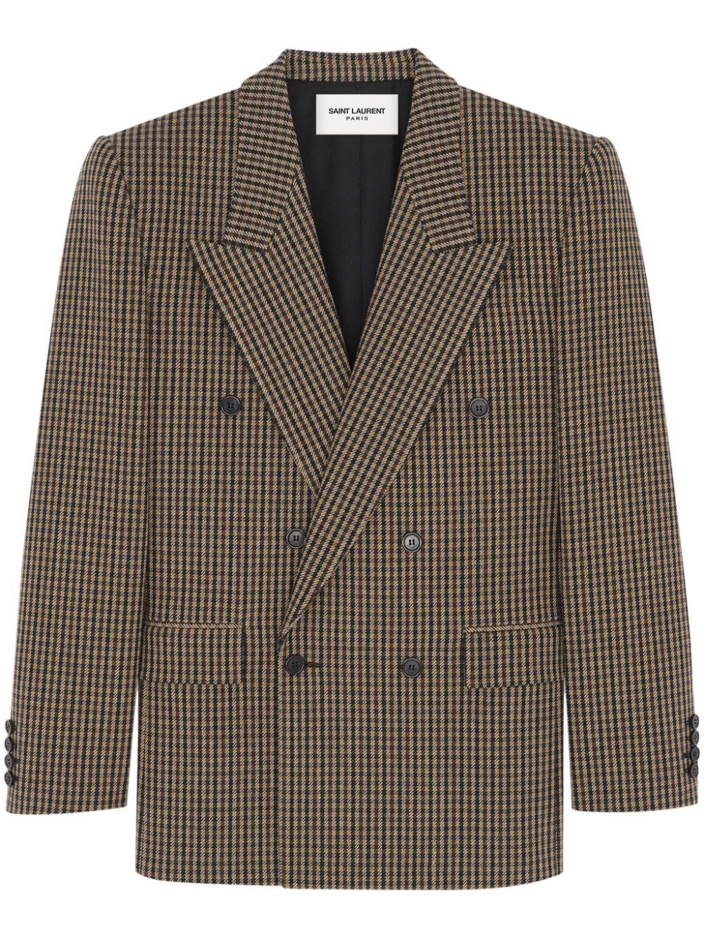 Shop Saint Laurent Checked Wool-blend Blazer In Brown