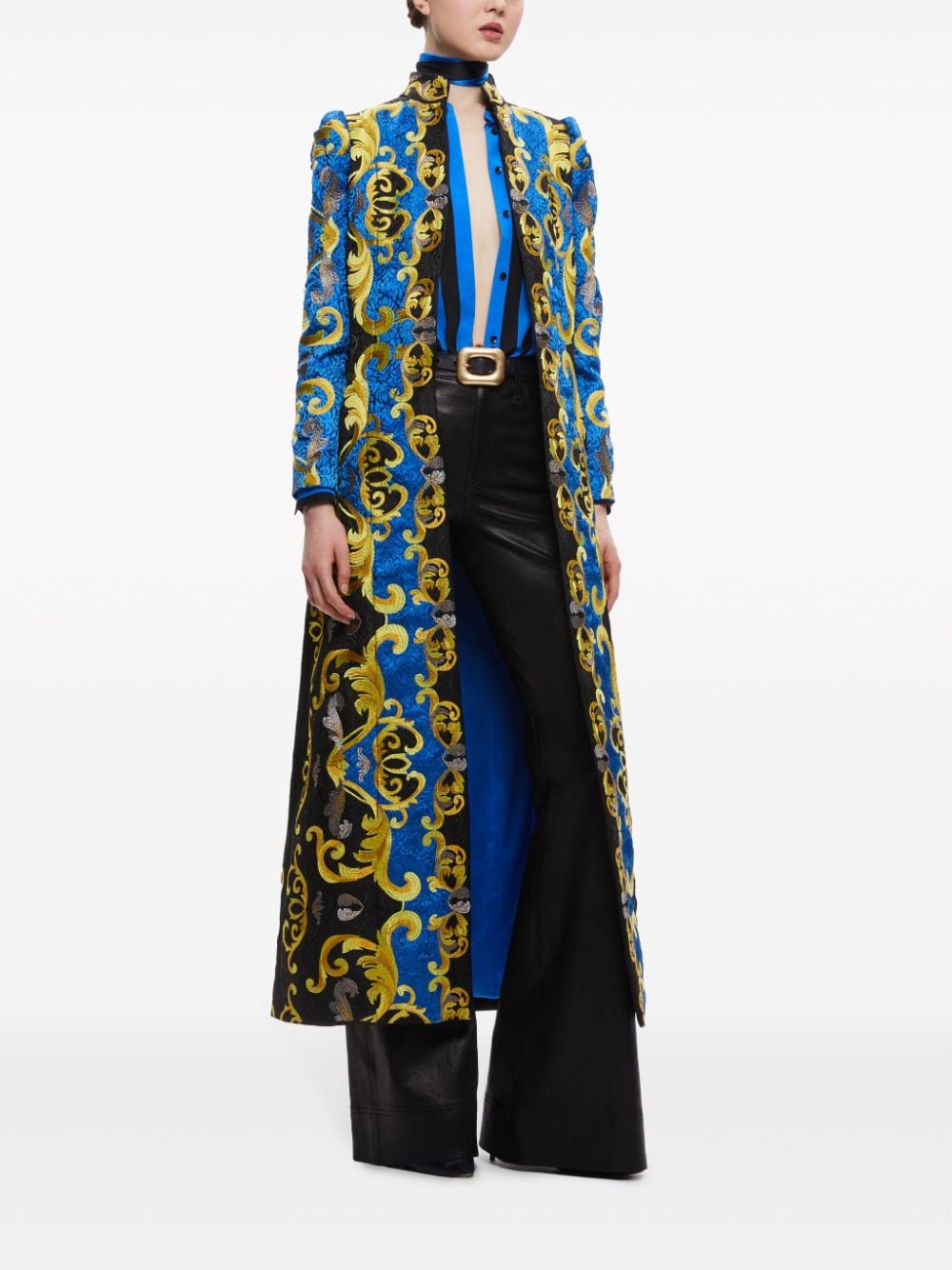 Shop Alice And Olivia Thomas Embroidered Maxi Coat In Blue