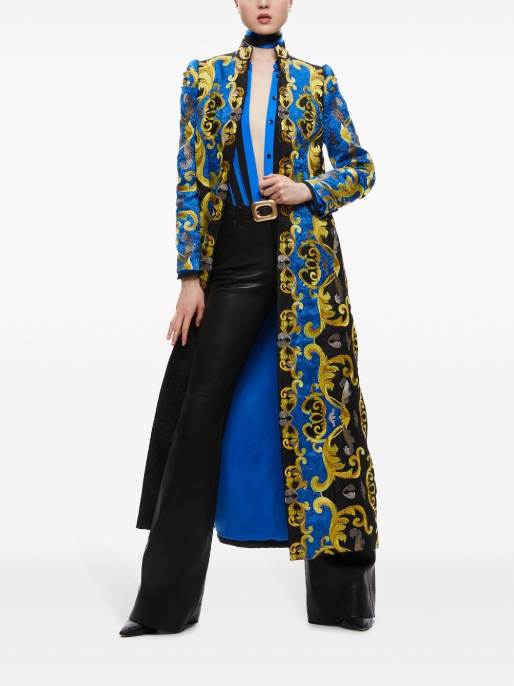 Shop Alice And Olivia Thomas Embroidered Maxi Coat In Blue