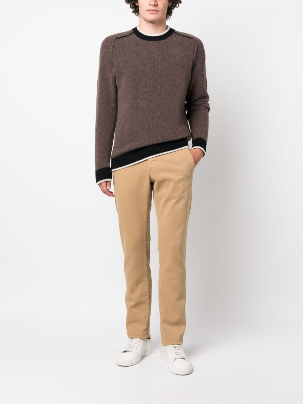Shop Peserico Contrasting-trim Fine-knit Jumper In Brown