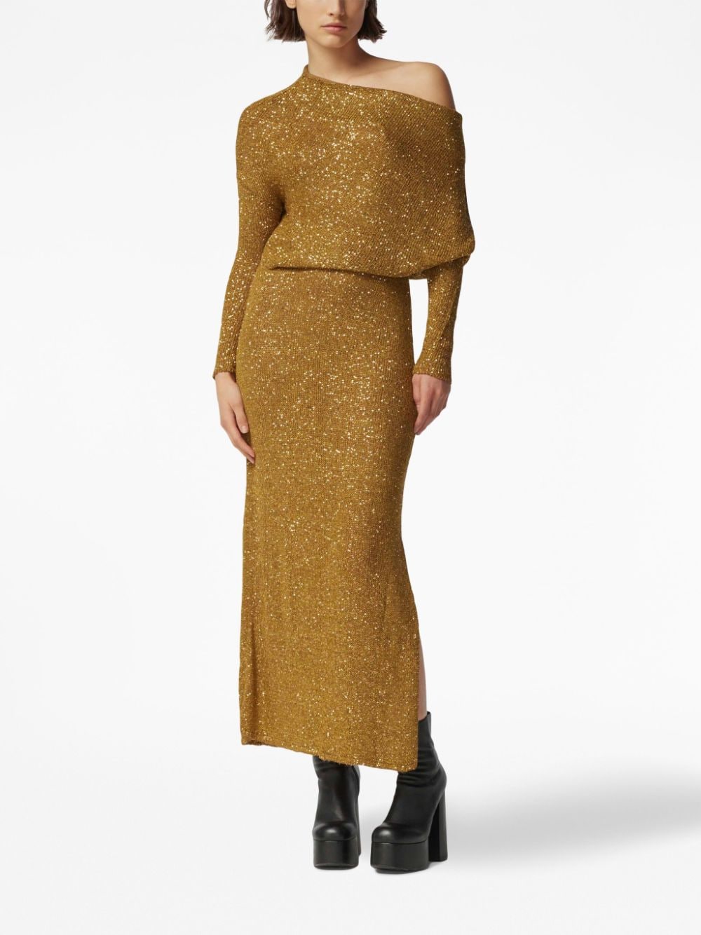 Shop Altuzarra Metallic-knit Side-slit Maxi Skirt In Gold