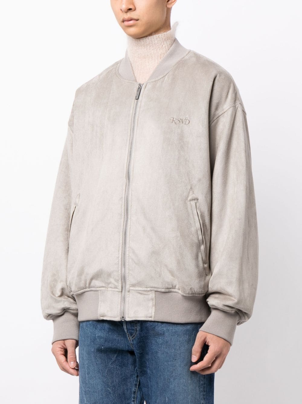 Shop Izzue Text-embroidered Velvet-finish Bomber Jacket In Grey