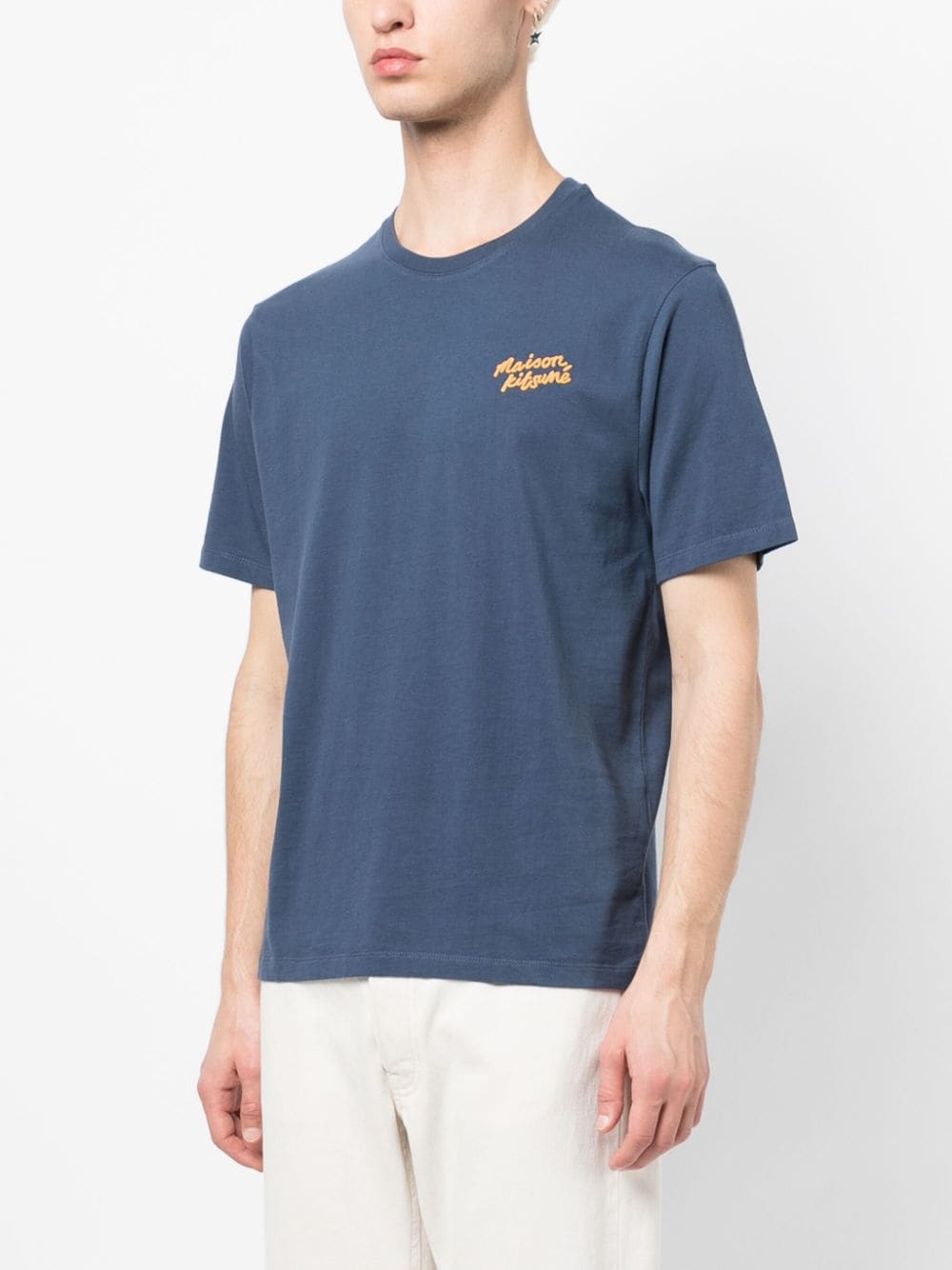 Shop Maison Kitsuné Logo-embroidered Cotton T-shirt In Blue