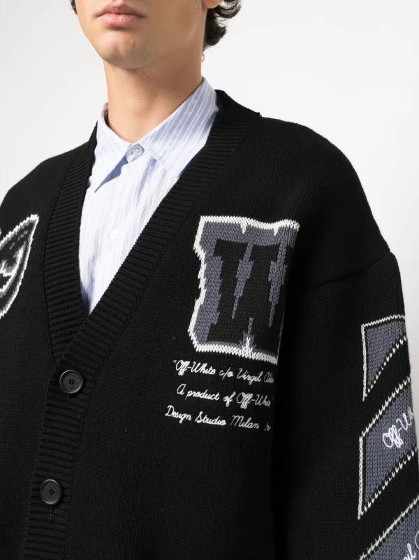 Off-White ロゴインターシャ Vネックカーディガン | ブラック