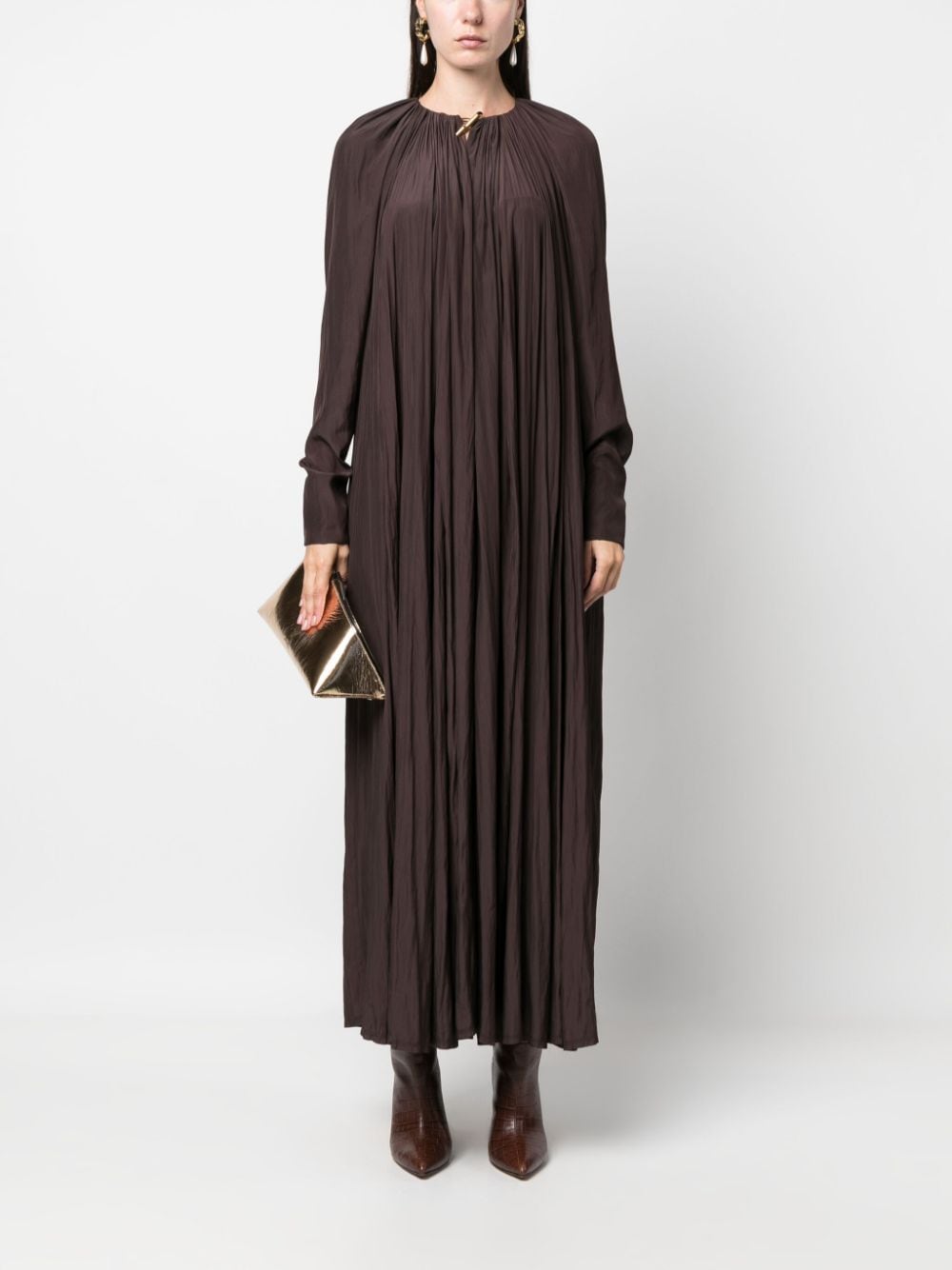 Shop Lanvin Gathered Charmeuse Maxi Dress In Brown