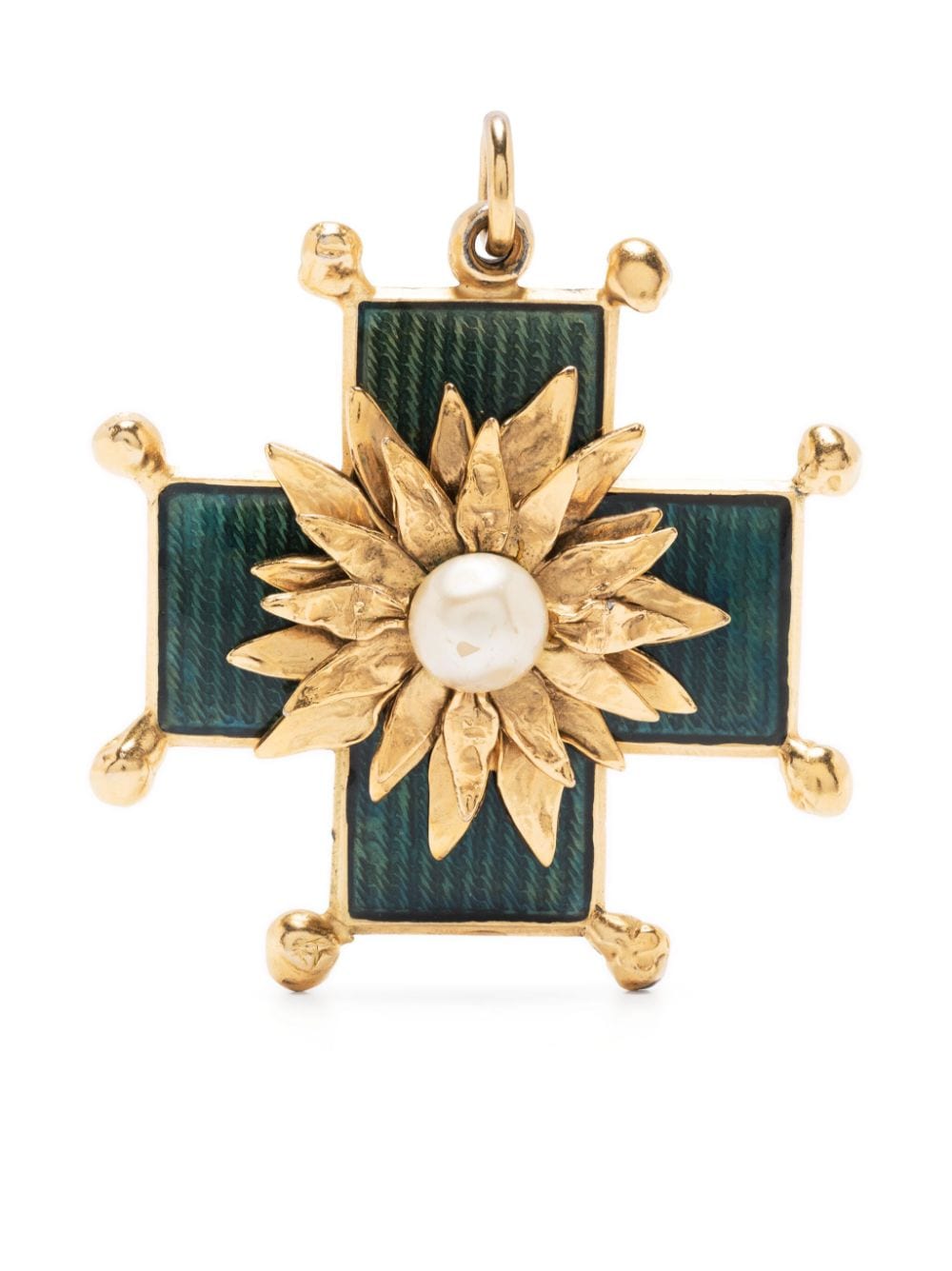 Pre-owned Saint Laurent 1980 Cross Pearl-embellished Brooch In Gold