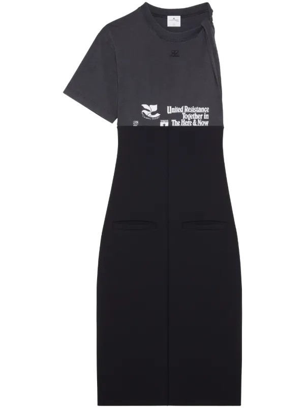 Courrèges Logo-print Panelled Midi Dress in Black