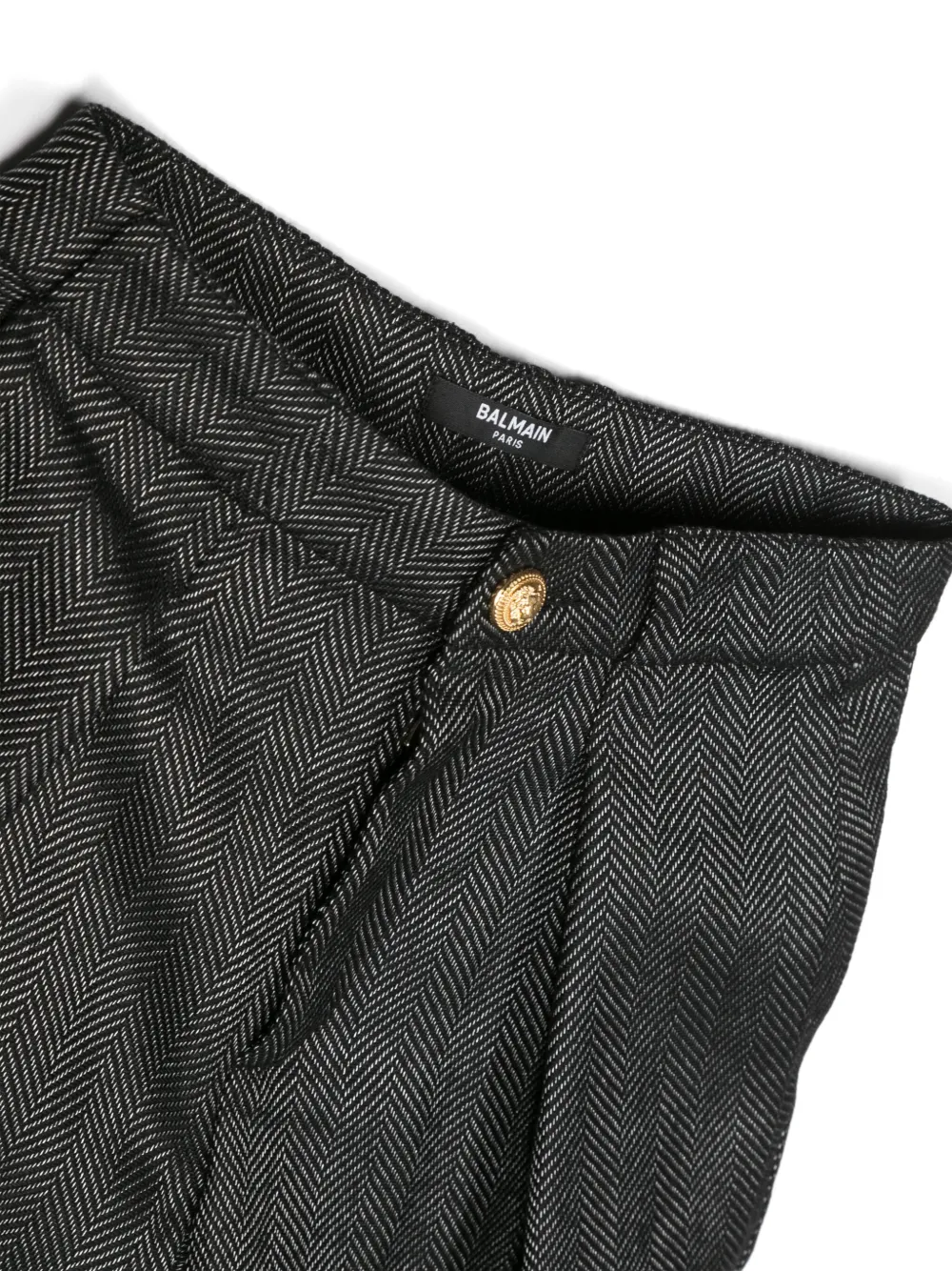 Shop Balmain Pleated Herringbone-pattern Trousers In Black