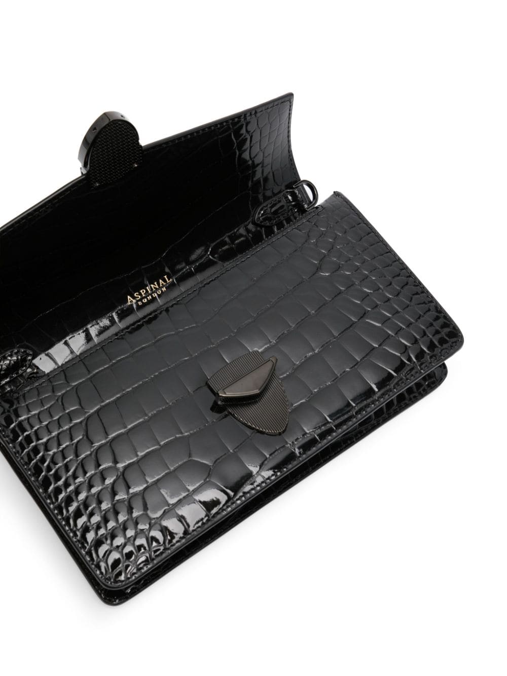 Shop Aspinal Of London Mayfair Logo-lettering Patent-leather Clutch Bag In Schwarz