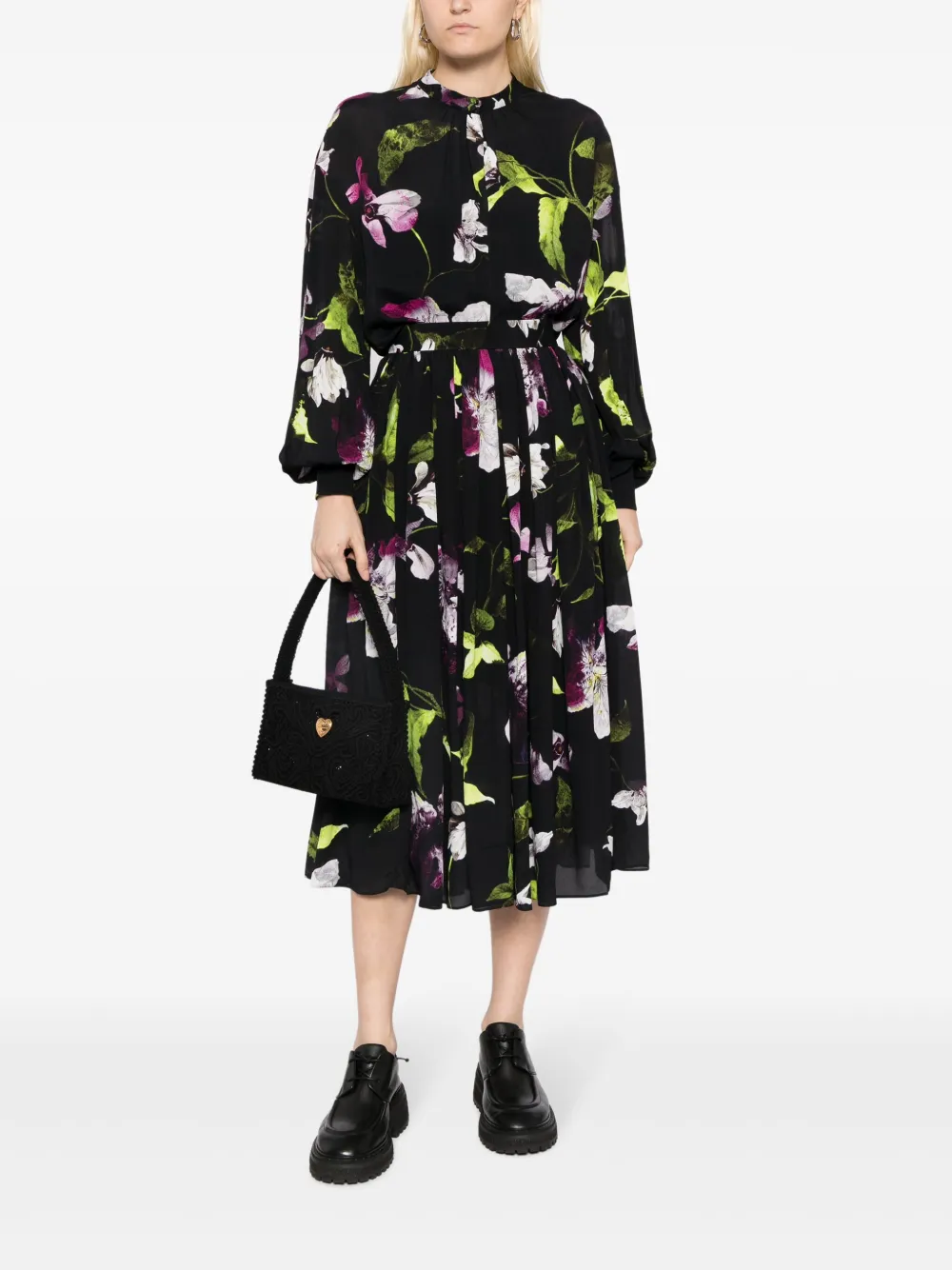 Erdem Midi-plooirok met bloemenprint - Zwart