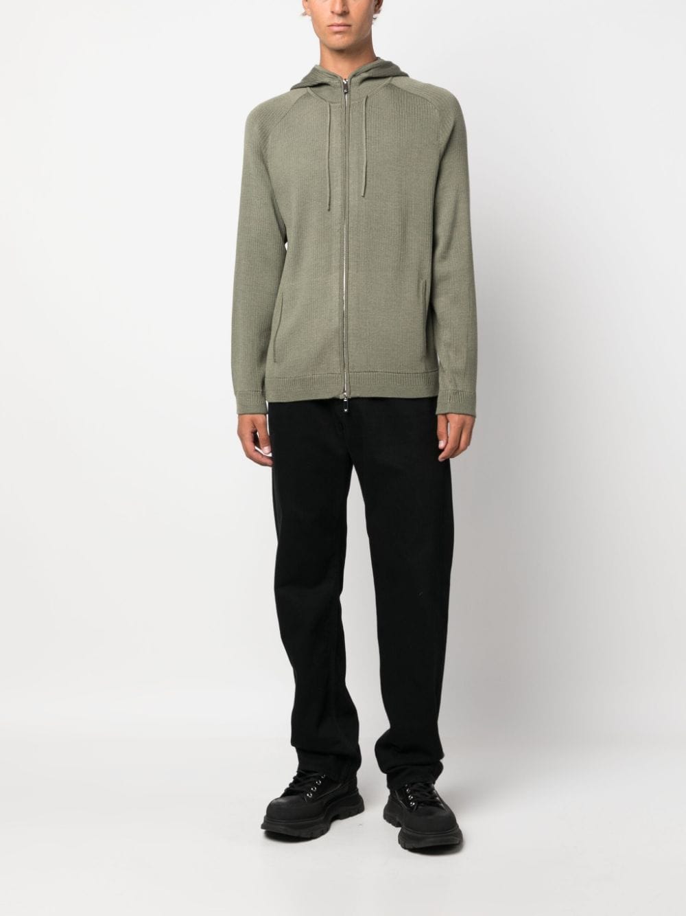 Shop Emporio Armani Ribbed-knit Zip-up Hoodie In Green
