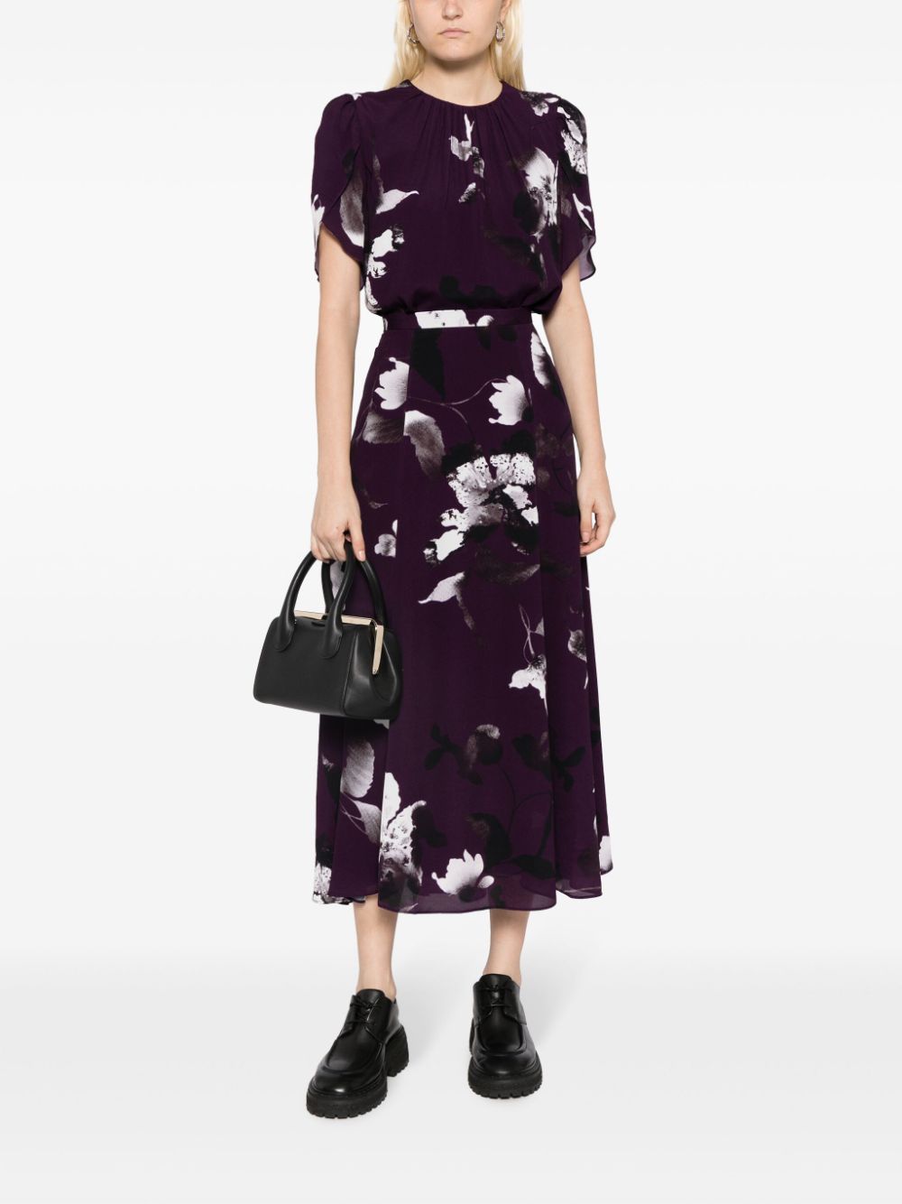 Shop Erdem Floral-print Crepe Midi Skirt In Purple