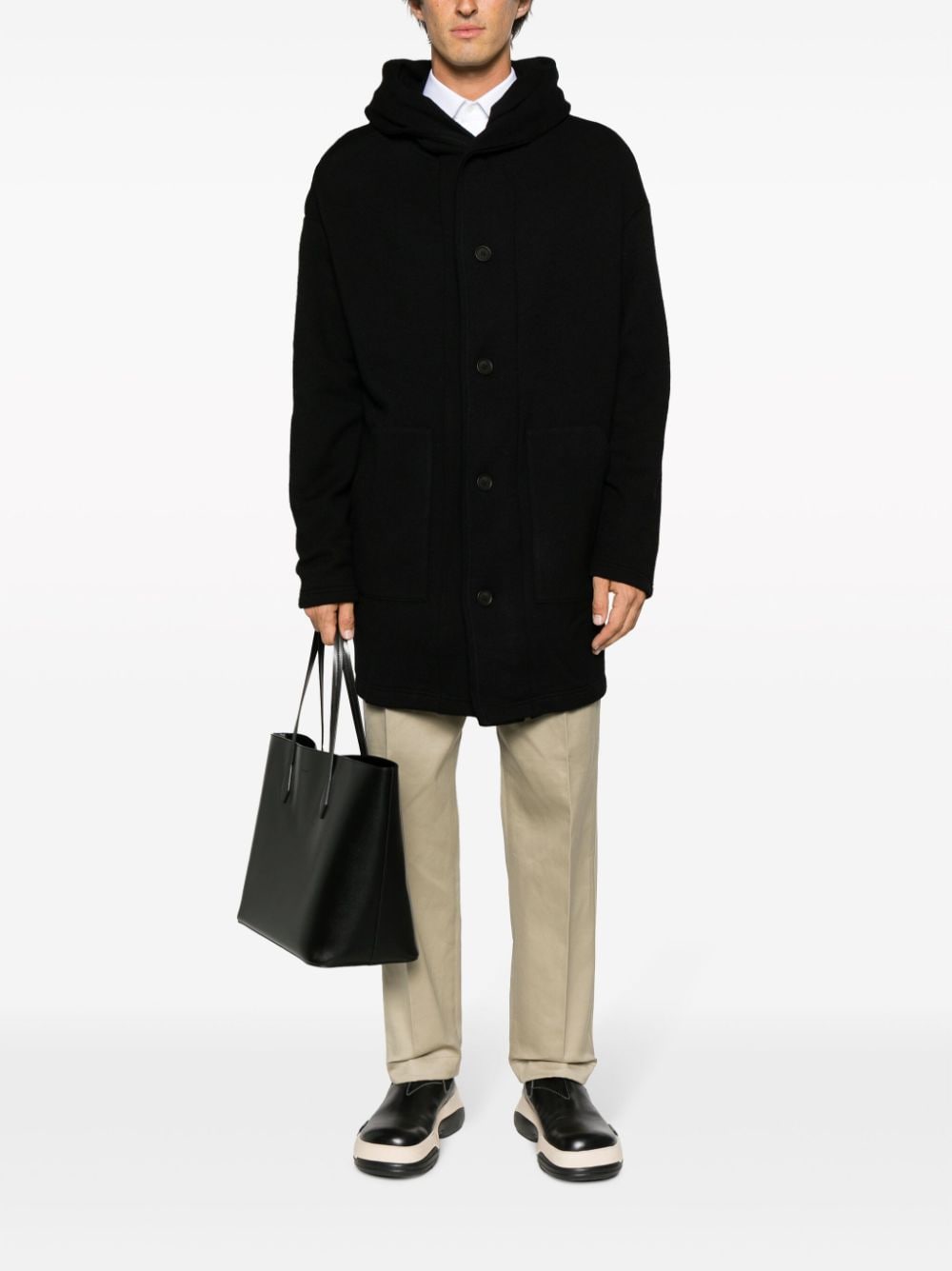 Shop Yohji Yamamoto Long-sleeved Hooded Single-breasted Coat In Black