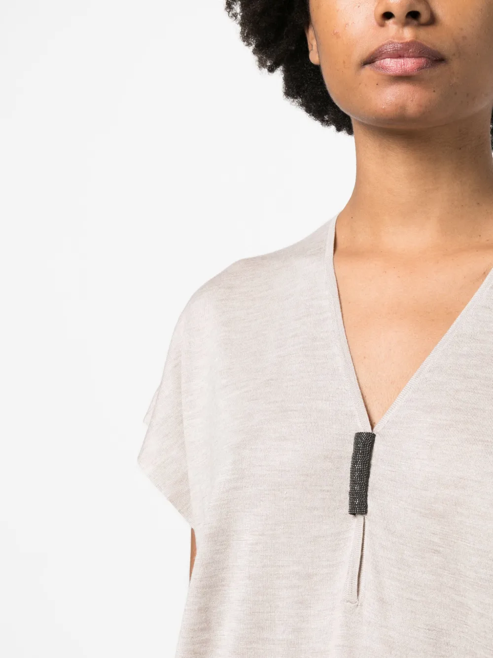 Brunello Cucinelli Monili-detail Fine-knit T-shirt In Neutrals