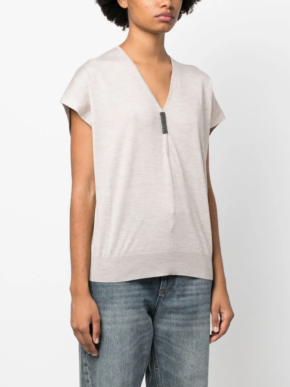 Brunello Cucinelli Monili-detail Fine-knit T-shirt In Neutrals