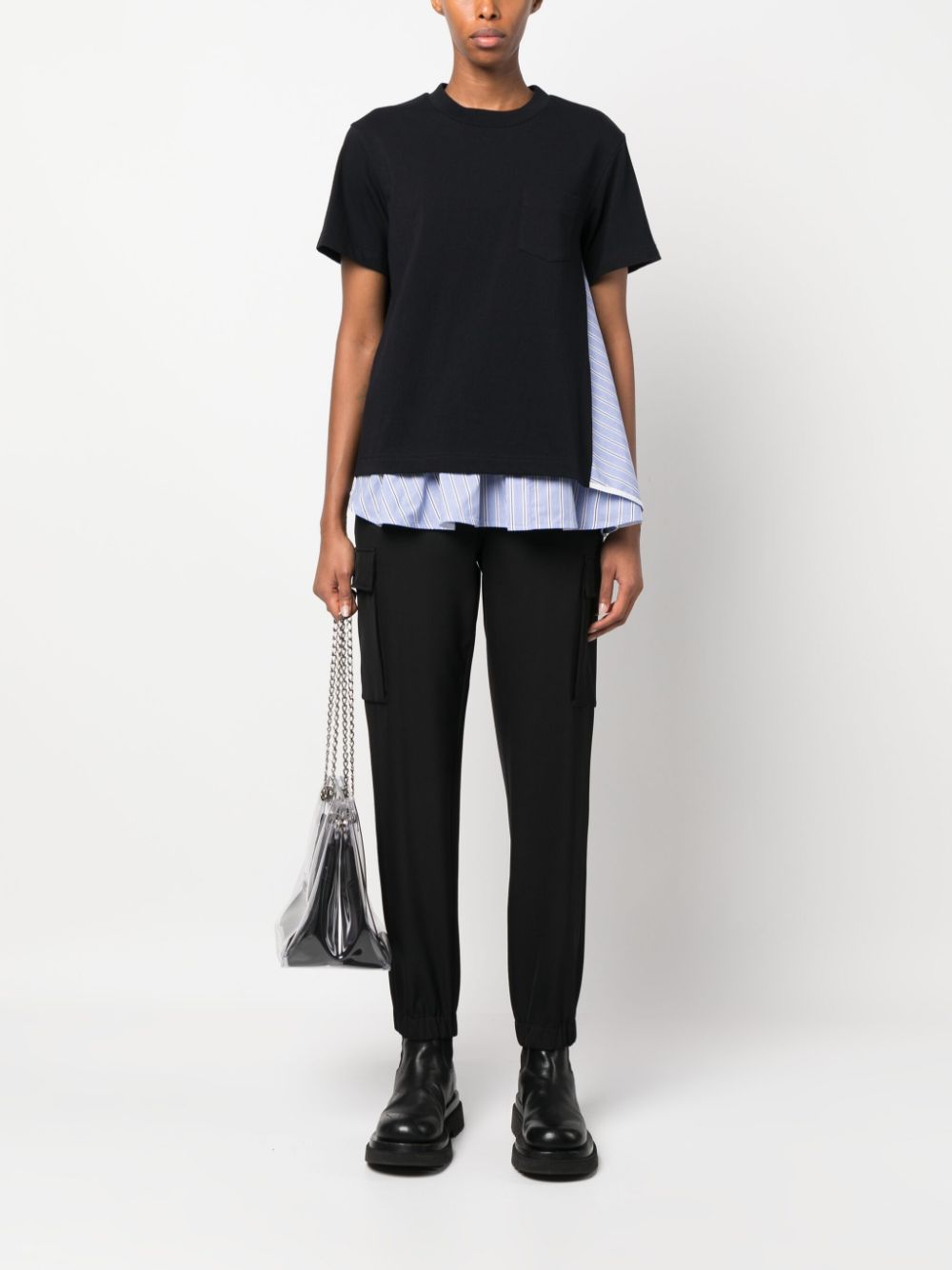 sacai layered stripe-print cotton T-shirt - Blauw