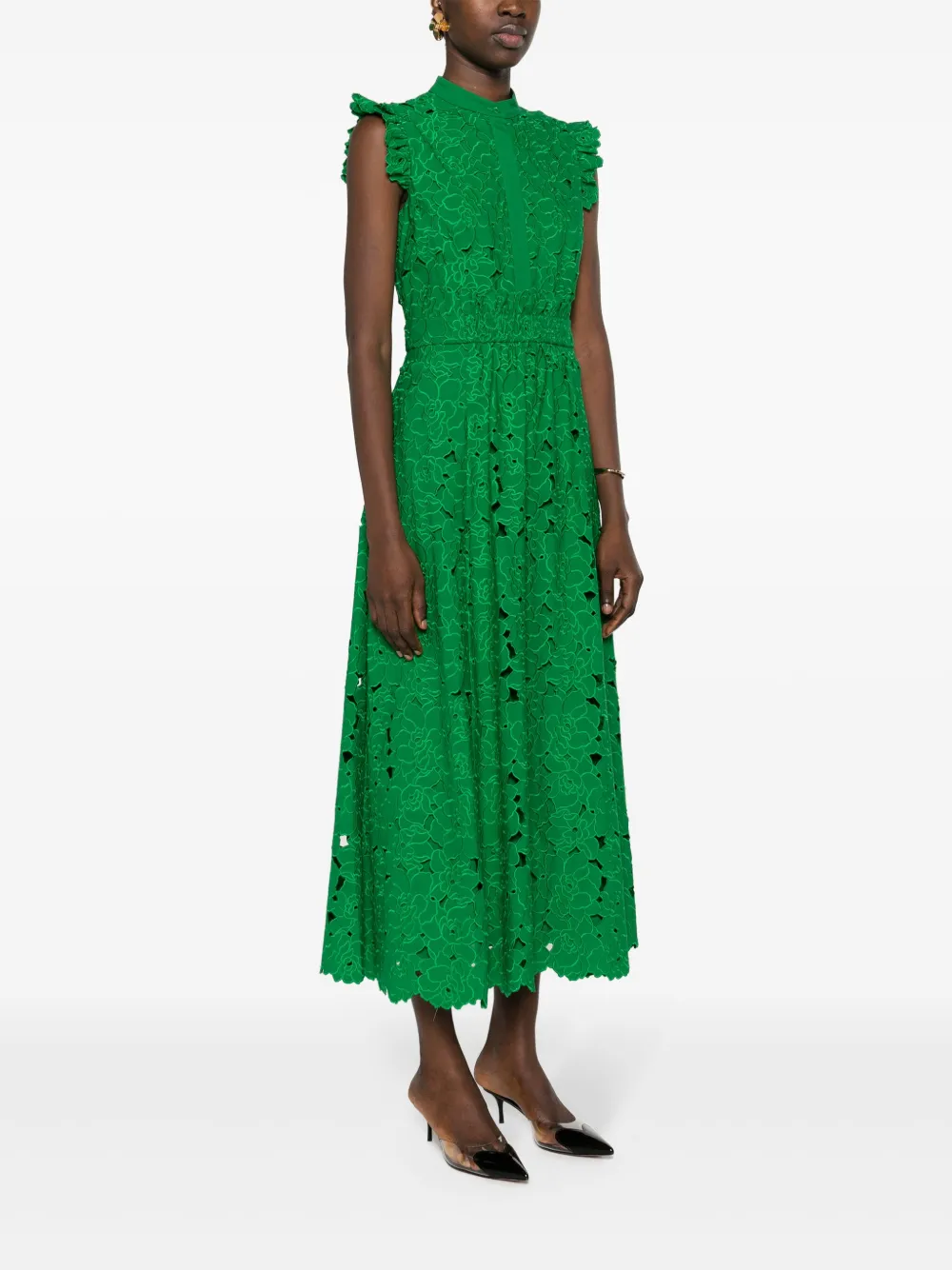 Shop Erdem Broderie-anglaise Flared Midi Dress In Green