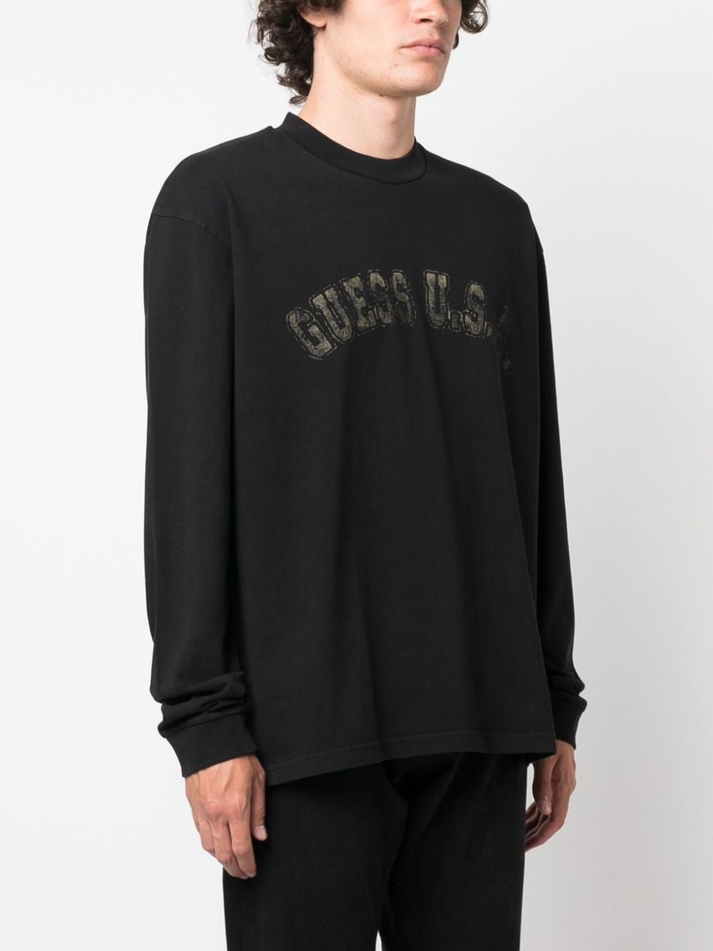 Shop Guess Usa Faded Logo-print Crew-neck Sweatshirt In Black