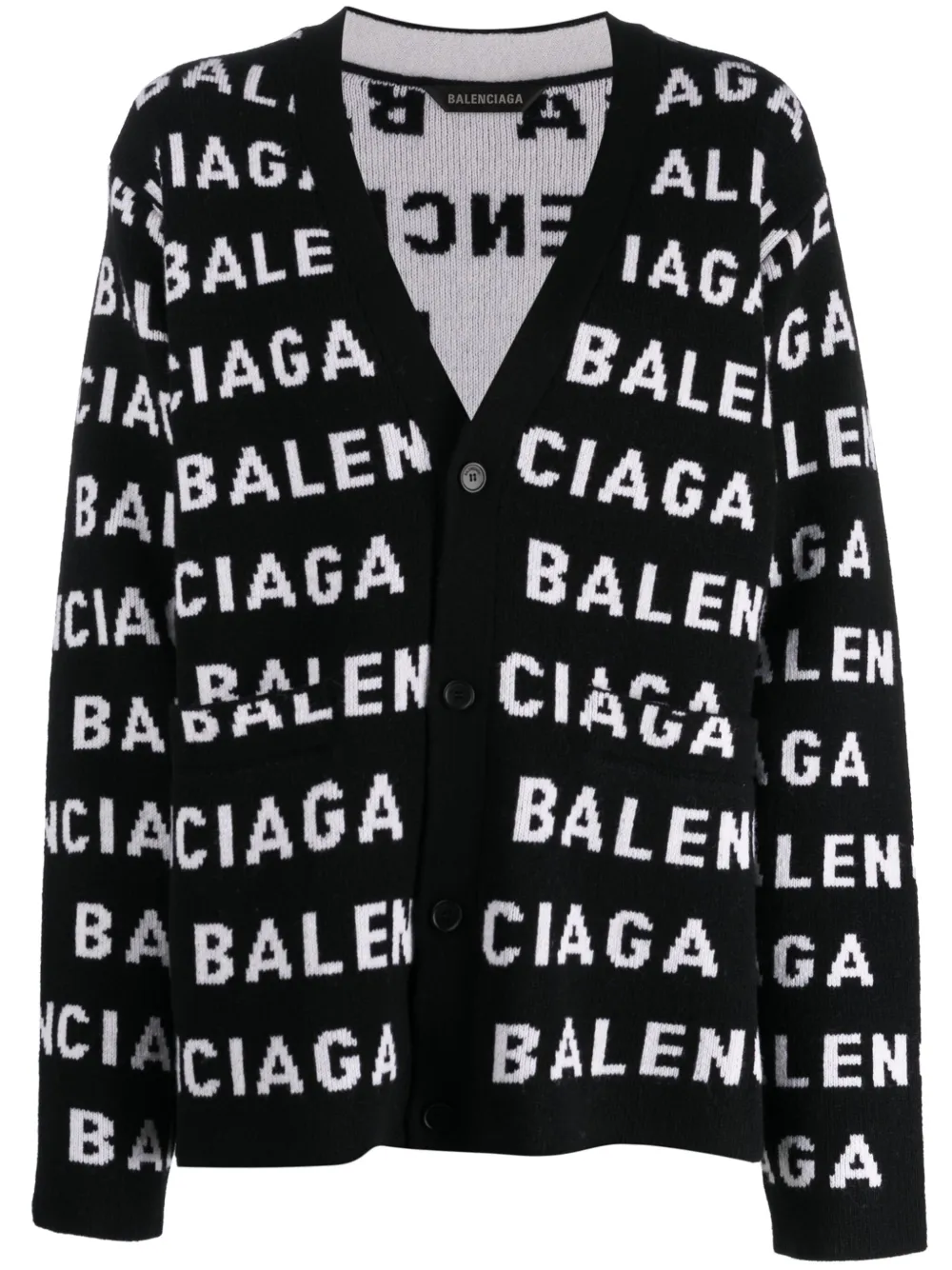 Shop Balenciaga Intarsia-knit Logo-motif Cardigan In Black