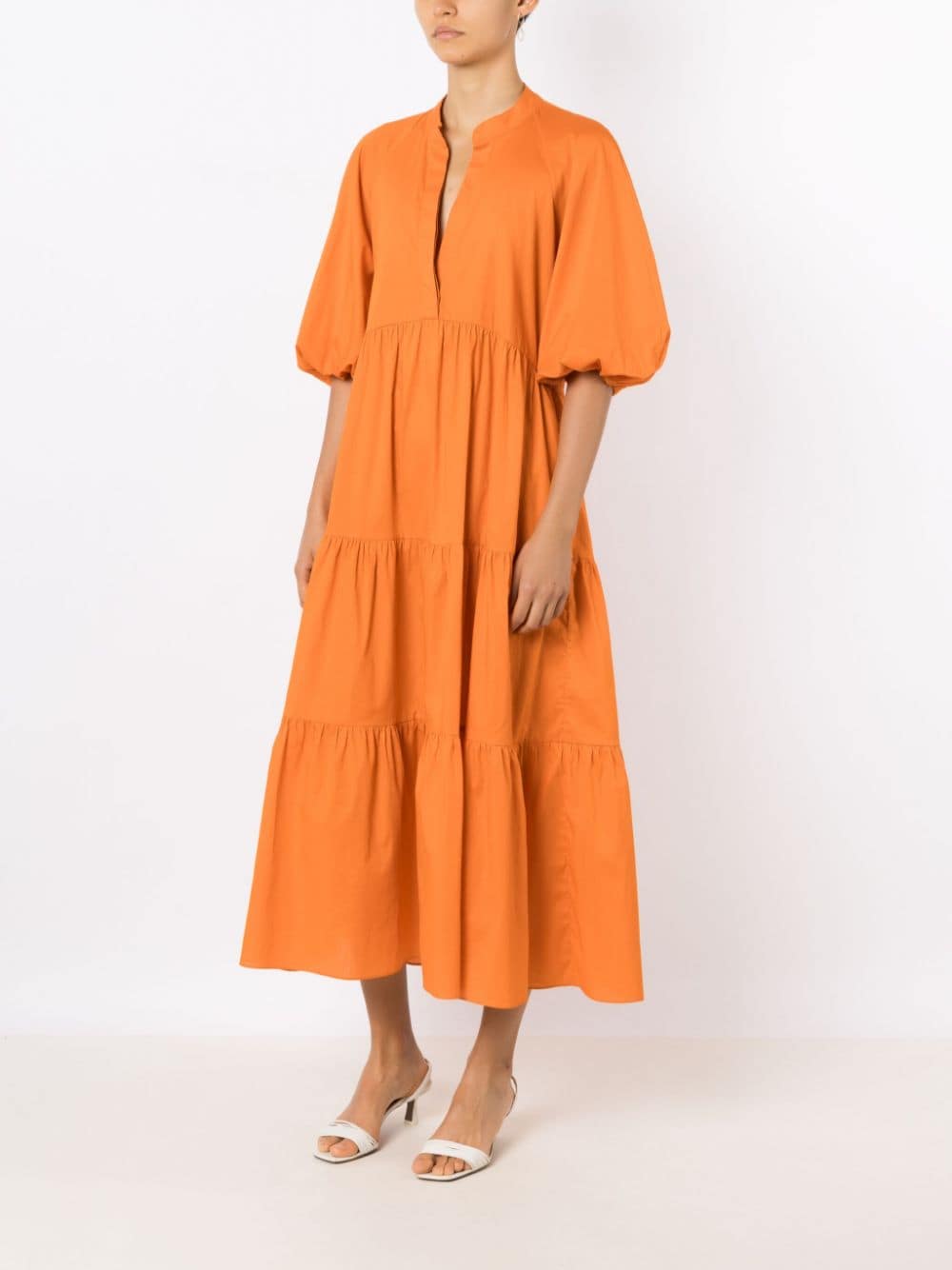 Shop Adriana Degreas Puff-sleeves Tiered Midi Dress In Orange
