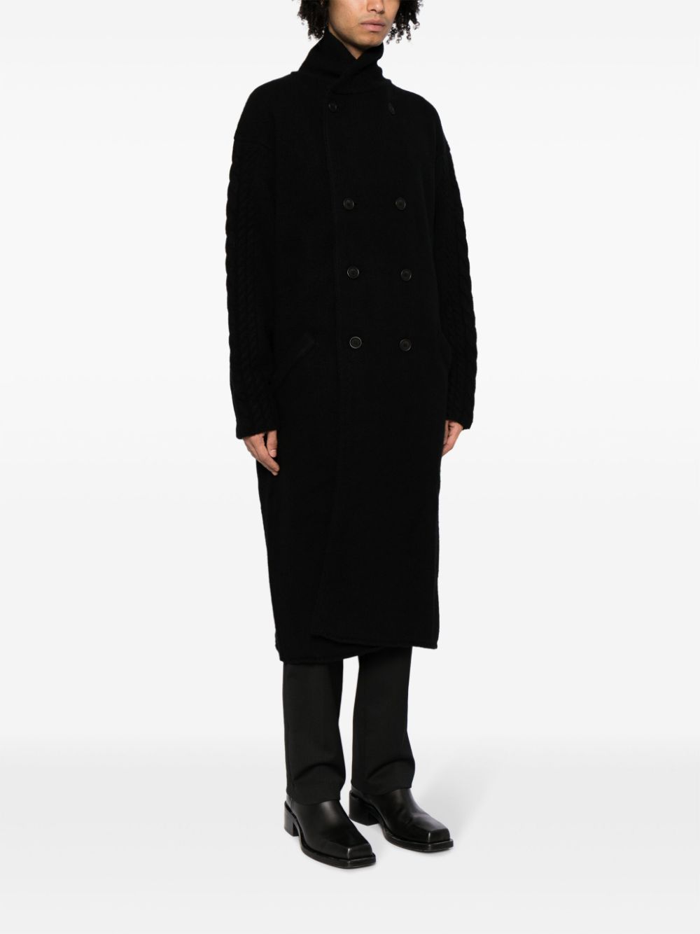 Shop Yohji Yamamoto Chunky-knit Wool Coat In Black