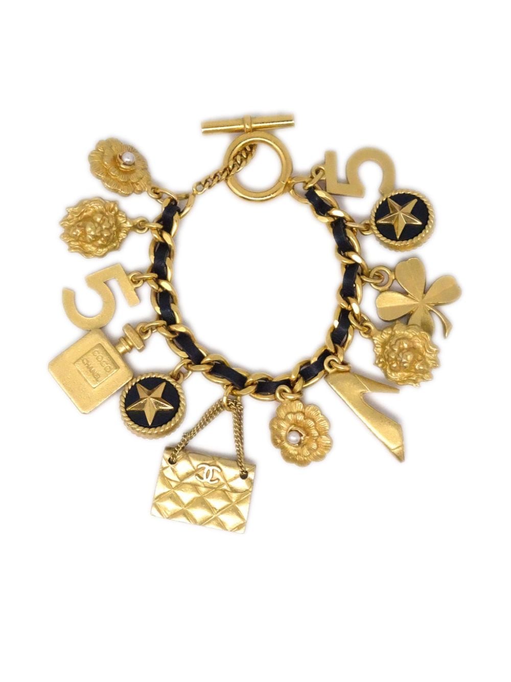 Pre-owned Chanel 1995 Icon Charms Leather-and-chain Bracelet In Gold