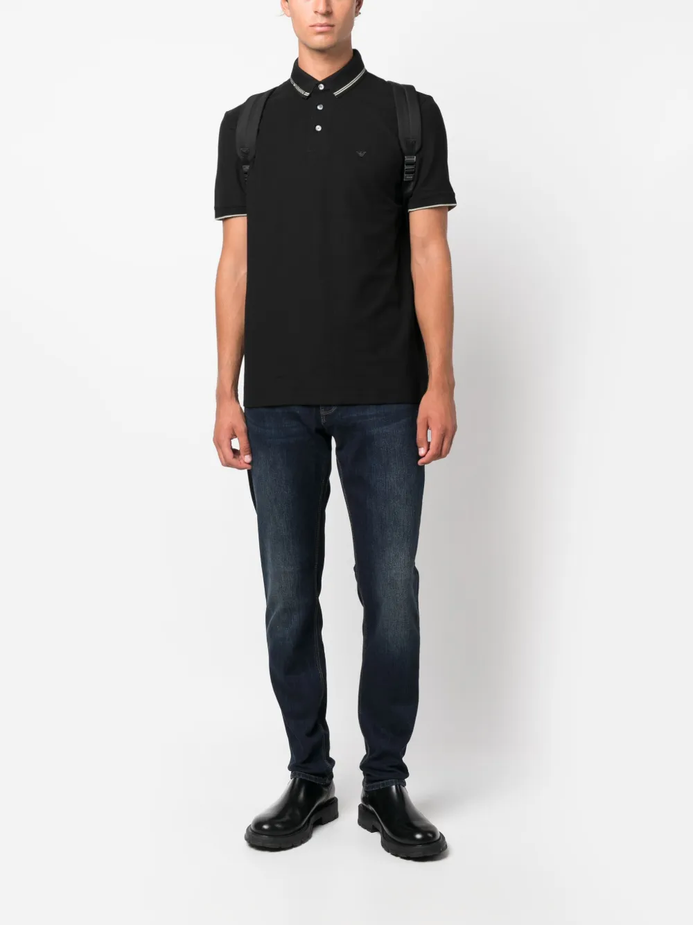 Emporio Armani logo-embroidered cotton polo shirt - Zwart