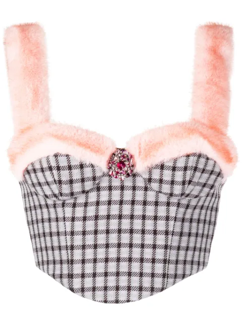 AREA crystal-embellished faux-fur trim bustier 
