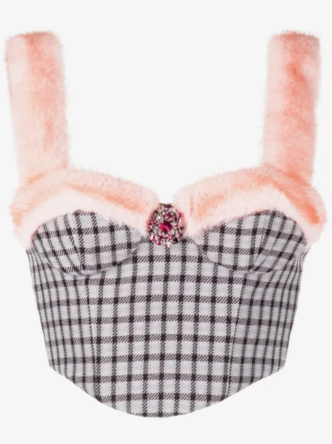 AREA crystal-embellished faux-fur trim bustier