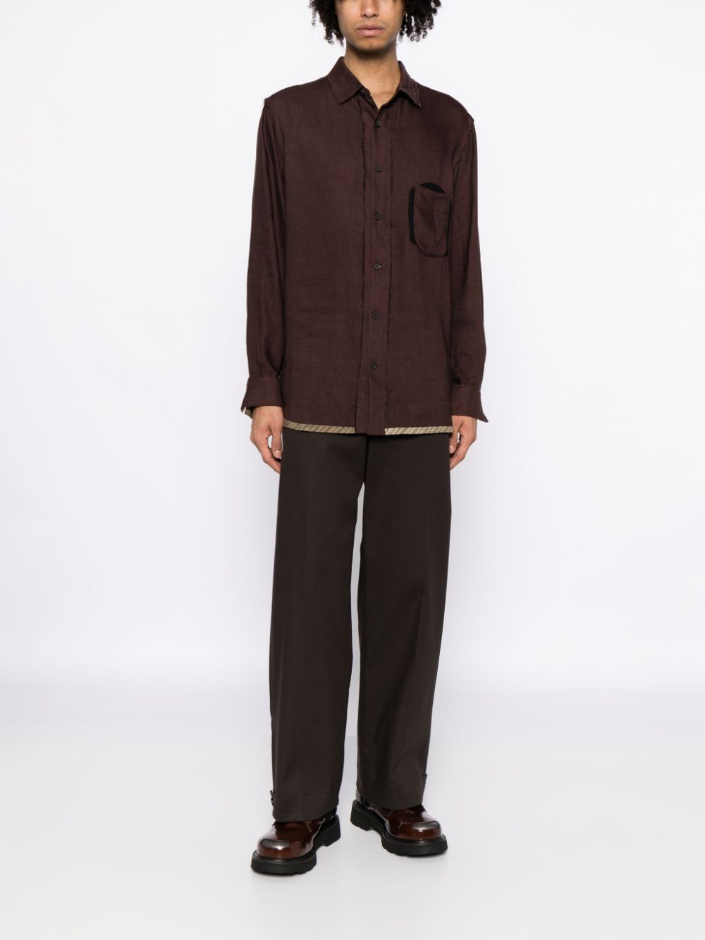 Shop Ziggy Chen Contrast-trim Patch-pocket Shirt In Brown