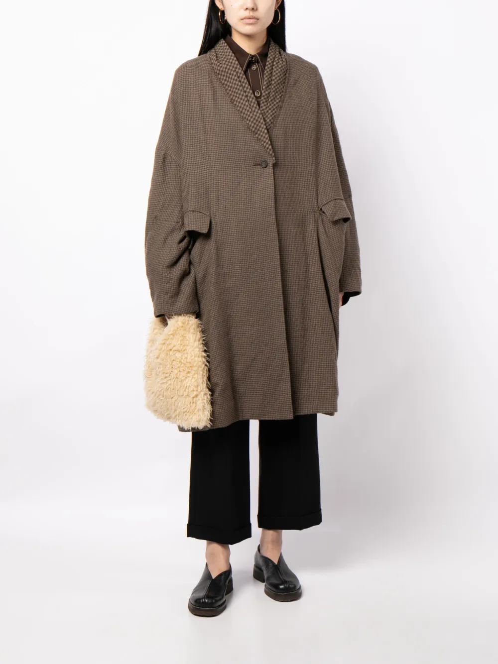 Ziggy Chen oversized check-print wool coat - Bruin