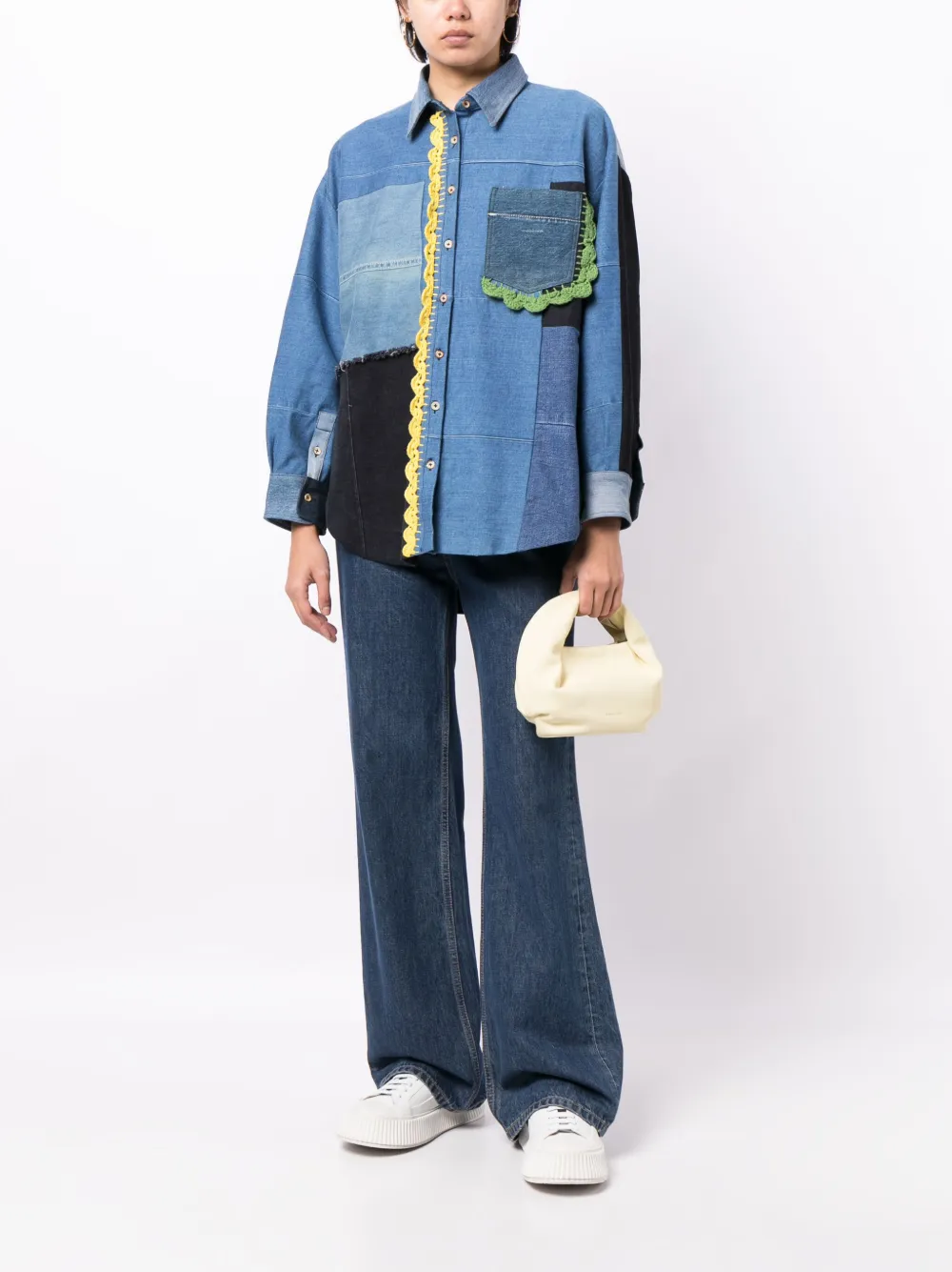 CAVIA crochet-trim denim patchwork-design shirt - Blauw