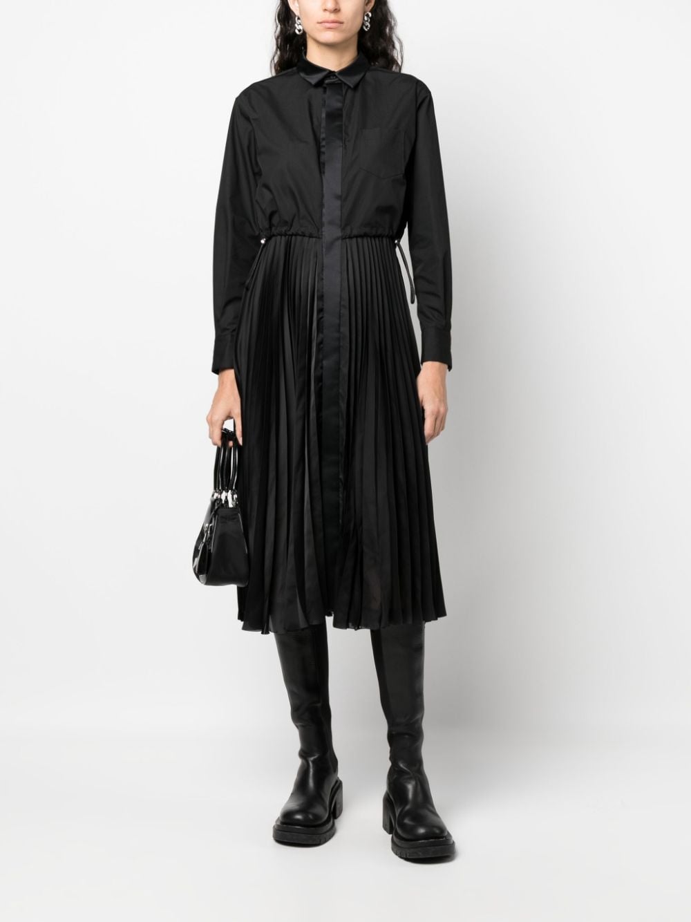 Shop Sacai Pleated Midi Shirtdress In Black