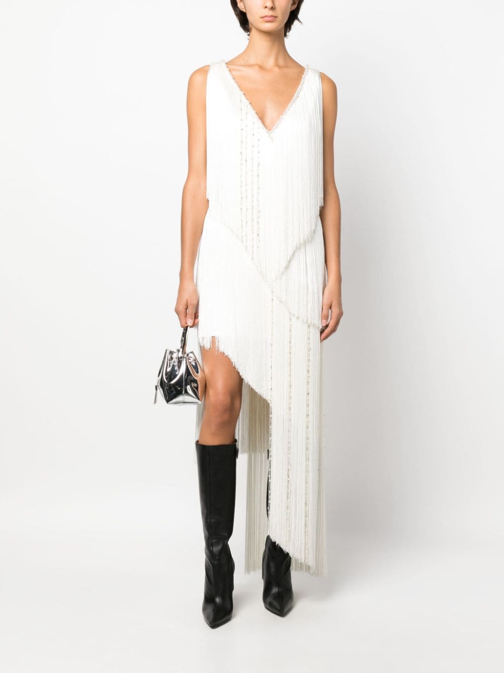 Elisabetta Franchi asymmetric fringed midi dress - Wit