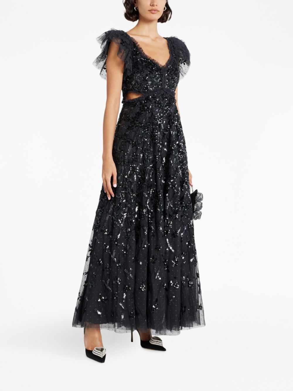 Needle & Thread floral-lattice ruffled gown - Zwart