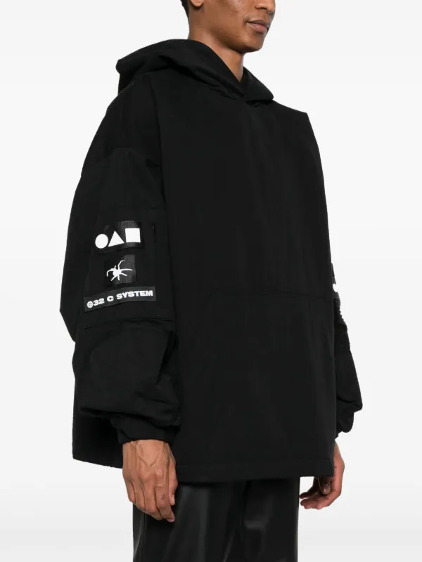 032c Stronger multiple-patch Cotton Hoodie | Black | FARFETCH IN