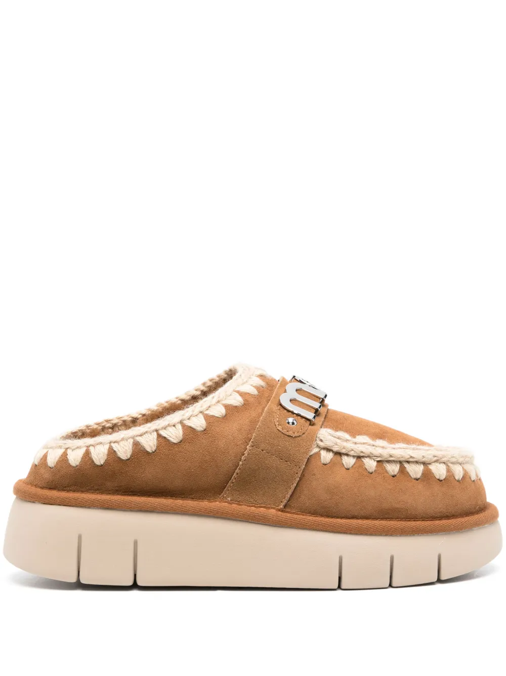 MOU LOGO-LETTERING CROCHET-TRIM SUEDE MULES