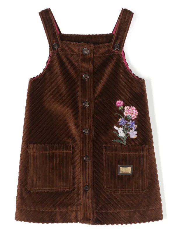 Dolce & Gabbana Kids floral-embroidered Corduroy Dress | Brown | FARFETCH OM