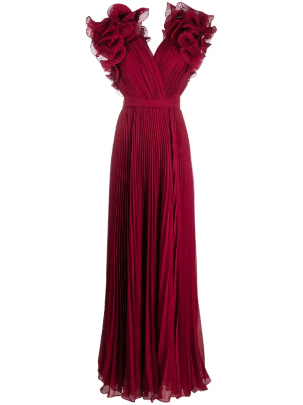 Elie Saab plisse effect Silk Maxi Dress Red FARFETCH AE