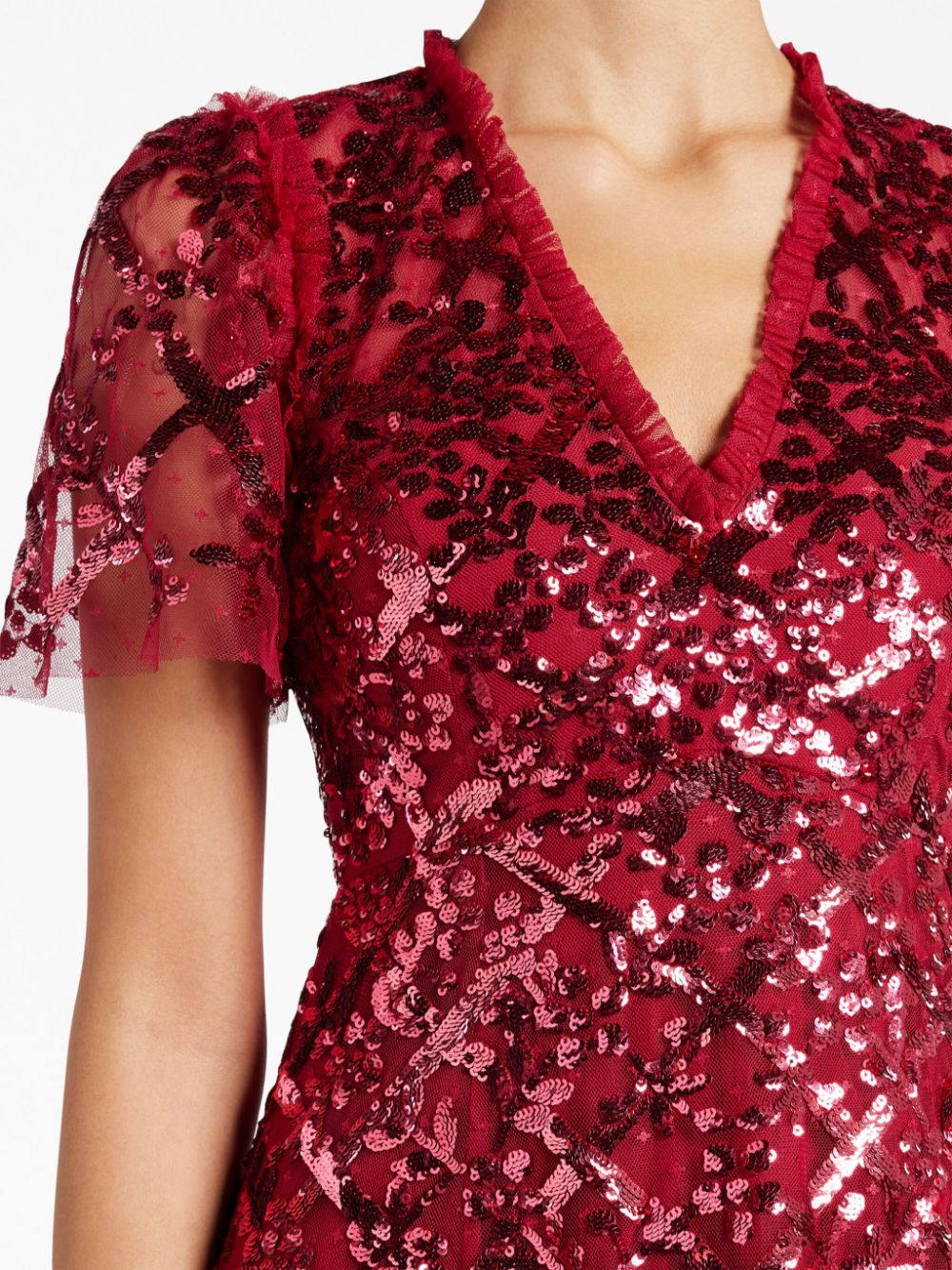 Shop Needle & Thread Sequin-embellished V-neck Dress In Red