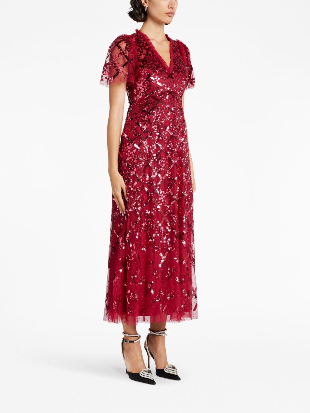 Shop Needle & Thread Sequin-embellished V-neck Dress In Red
