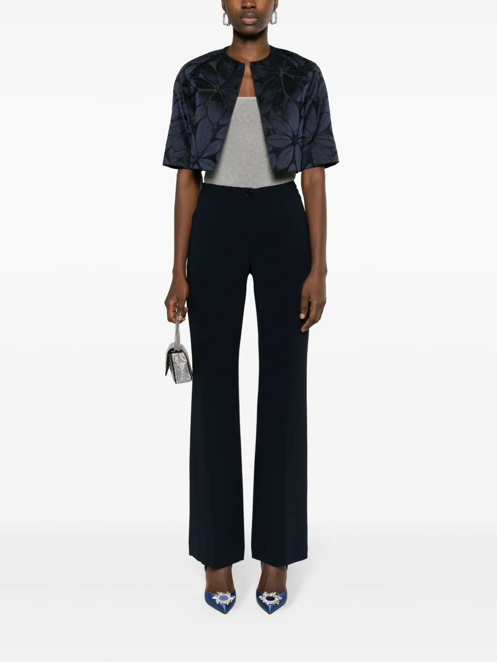 Talbot Runhof Embroidered-leaf Cropped Jacket In Blue