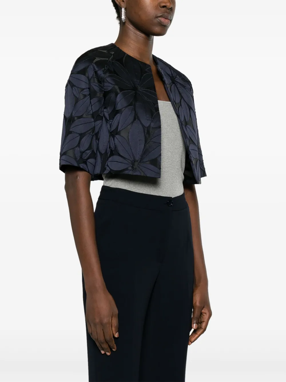 Talbot Runhof Embroidered-leaf Cropped Jacket In Blue