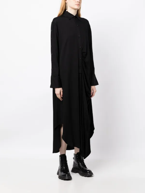 Yohji Yamamoto long-sleeve Draped Midi Shirt Dress | Black | FARFETCH