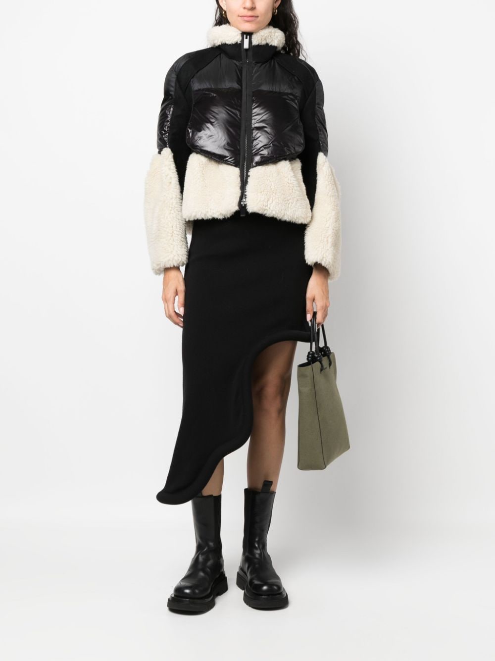 Sacai Contrast-panel Funnel-neck Faux-shearling Jacket In Black