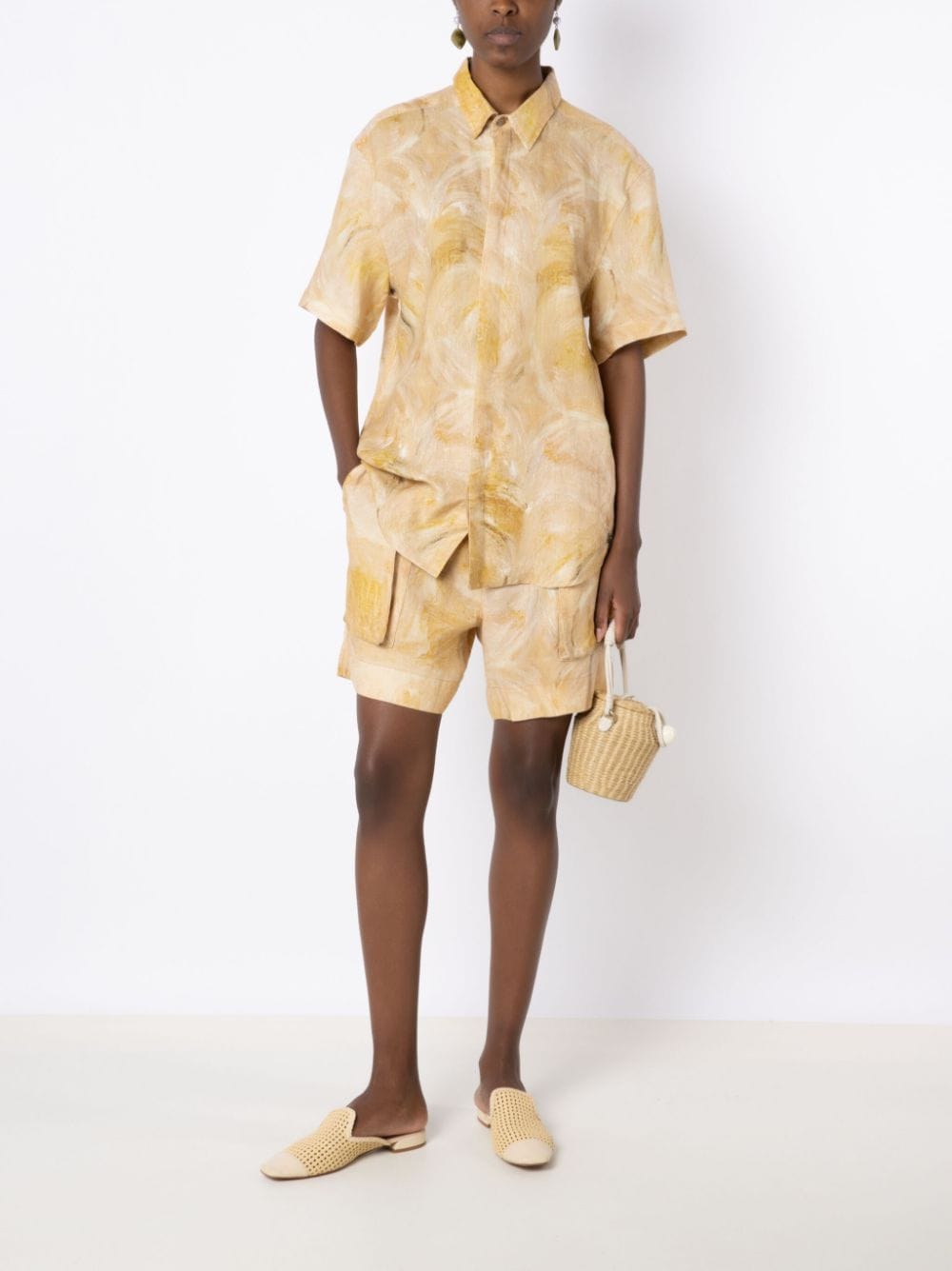 Shop Handred Painterly-print Linen Bermuda Shorts In Yellow