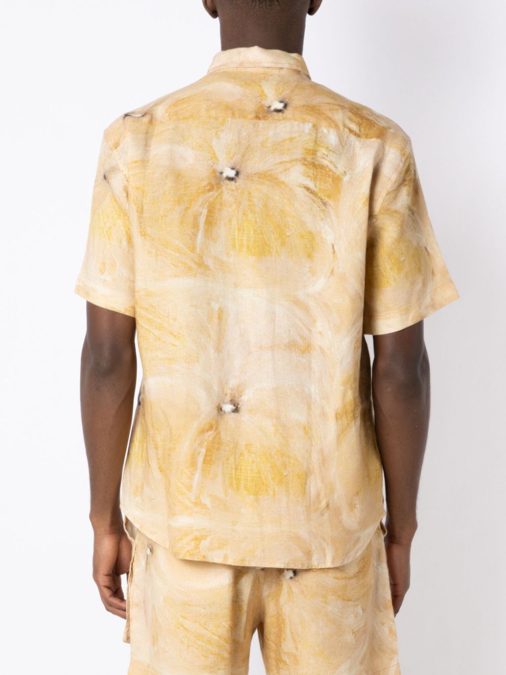 Shop Handred Painterly-print Short-sleeve Linen Shirt In Yellow